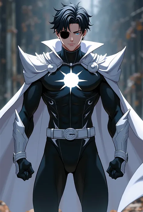 anime, teenager, boy, tight, black bodysuit, white accents, white cape, white gloves, white boots, white sun emblem on chest, white shoulder guards, white arm guards, black thigh guards, white belt, white ankle guards, muscular, black left eye, white right...