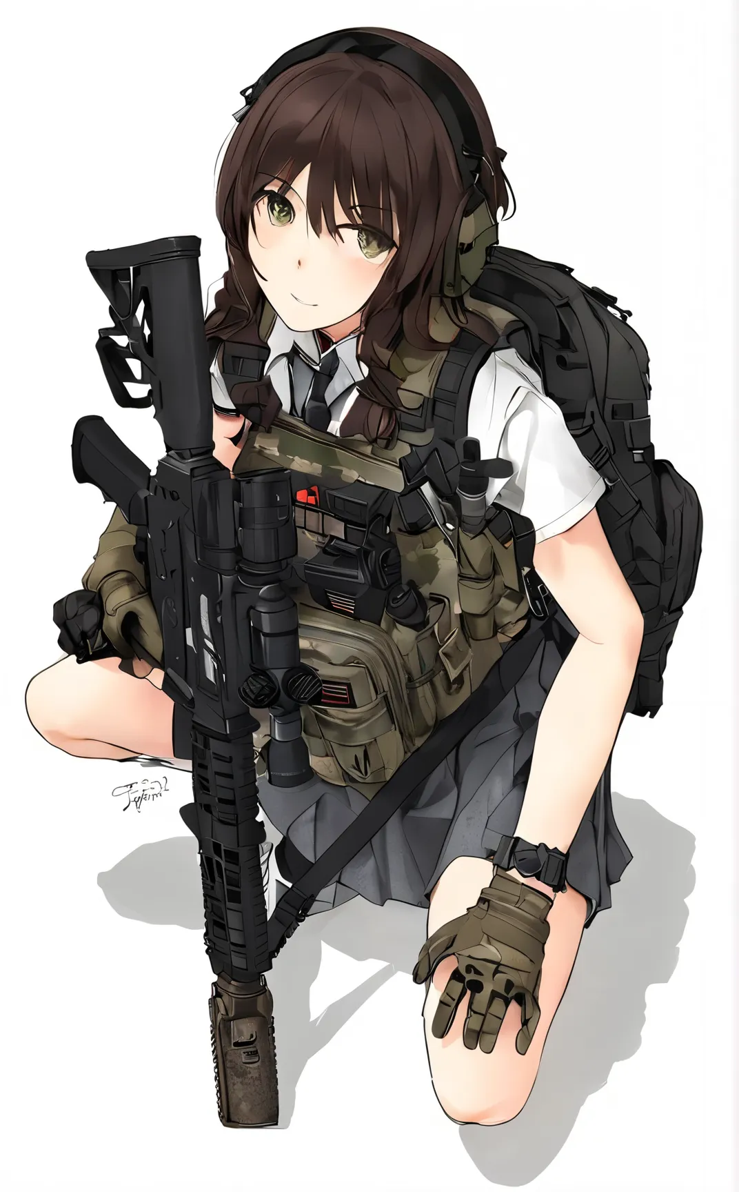 cartoon picture of a girl holding a gun 、 carrying a rucksack,  bring me a rifle, mechanized soldier girl, medium chest (1:3) ry...