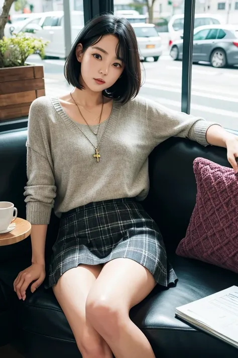 (High Definition), One Lady, Japan Person, Cute, Black Hair Short, wearing Cable Knit, Long Cross Check Skirt Trad Style For Female, Sitting on Sofa, Side-Glance, Leaning some cushions, By window, At Hotel Classic Cafe,, A Cup of Coffee & Some Books on a T...