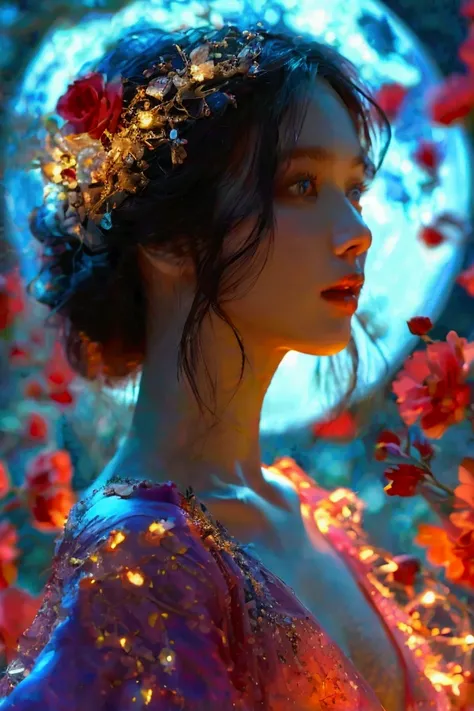 A full-body portrait of a woman in a moonlit garden, silk gown shifting colors, adorned with crystal-adorned midnight red hair.bare skin