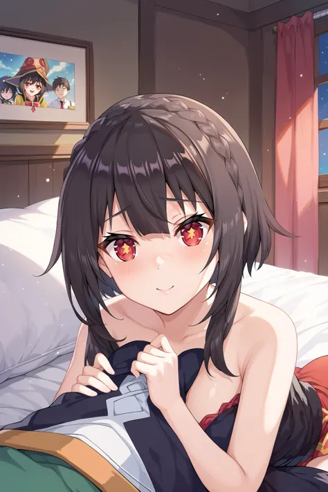 NSFW,masterpiece, best quality, high definition , Very detailed,Megumin( bless this wonderful world), short hair、 black hair、Red Eye、 side lock、 long rock,Night Inn , bedroom