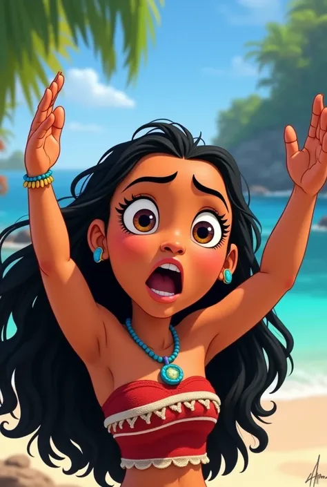 The cartoon character Moana acts in shock