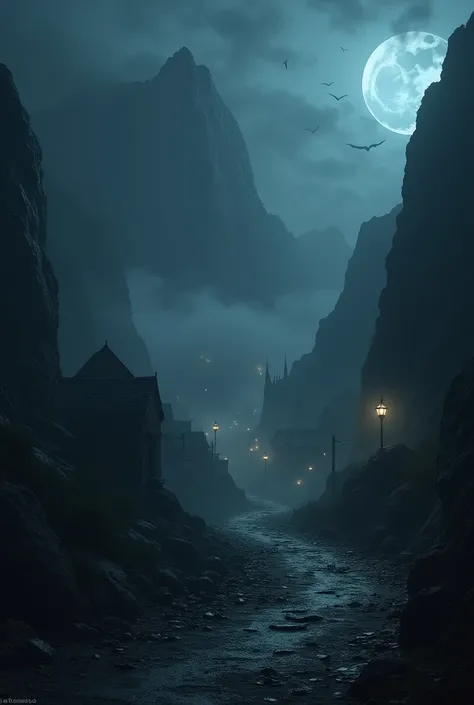 The dark fantasy town with fog. Rocky road. Night time and a little brightness. No peoples