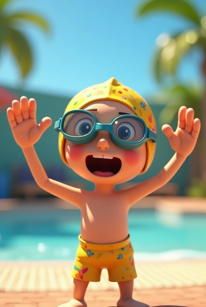 Create an animated character showing off his swimming cap and goggles without putting on