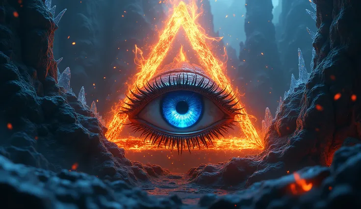 logo design, all seeing eye inside a triangle, fire and ice background, complex background, fantasy art, cinematic lighting, masterpiece, extreme detail, 4k