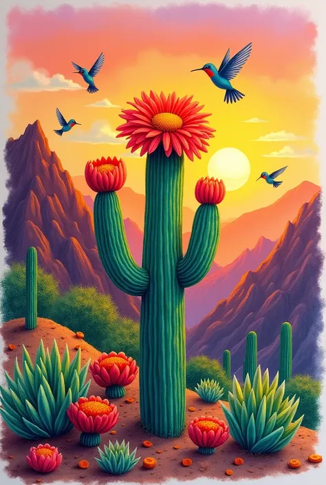 Un cactus fleuri avec une inspiration un peu Frida khalo, sur une montagne, couleurs assez vibrantes , des petits colibris au loin, touche mexicaine, avec un coucher de soleil en fond. Limage doit être fait en crayons de couleurs.
Jaimerai que limage sois ...