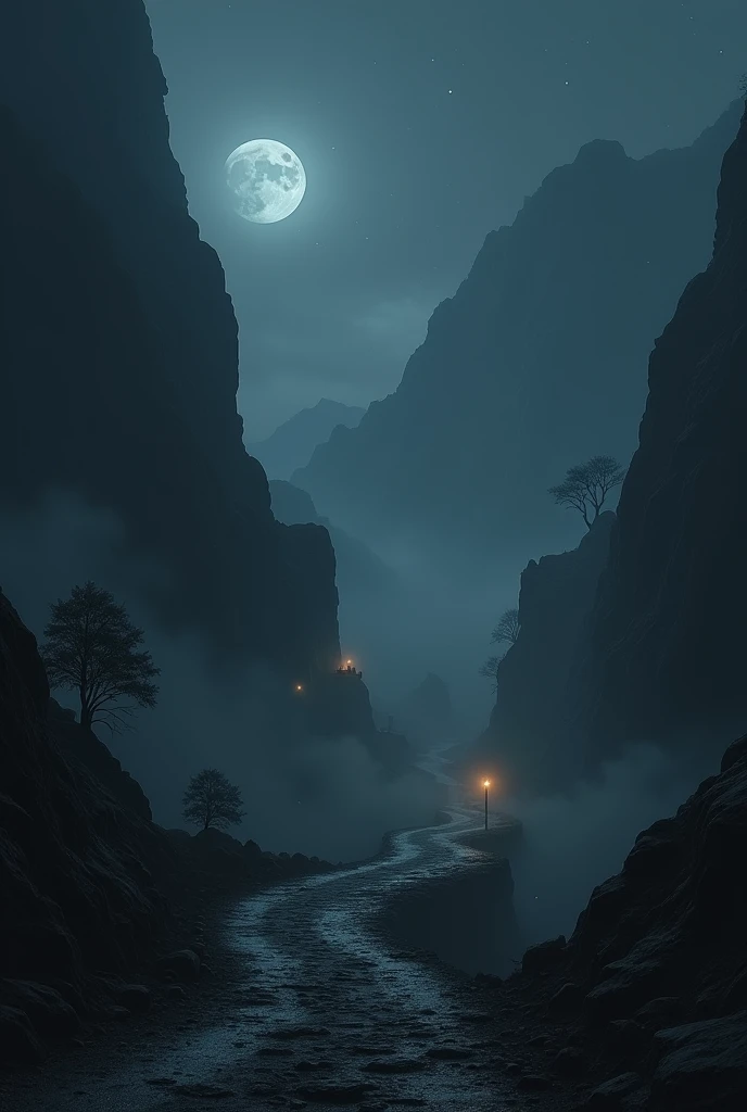 The dark fantasy town with fog. Rocky road. Night time and a little brightness. No peoples