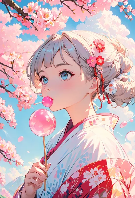 Woman in kimono puffing bubble gum.