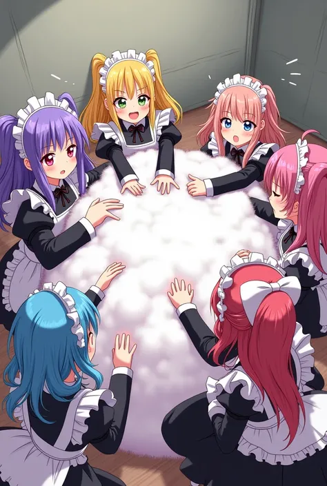 An anime-style comic depicting many vampire-maids playfully wrestling with each other inside a room comical fight cloud.
each maid has different  colored hair.
their faces,hands,and feet are visible emerging from the cloud as they tussle humorously,  with ...