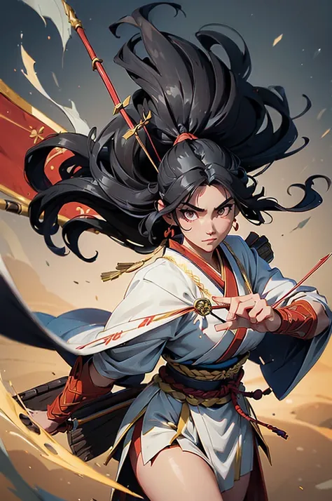 (black hair:1.6), A full-body depiction of Kushinadahime, a master archer from Japanese mythology (nihonshinwa), poised with her massive five-person war bow. She stands gracefully, traditional royal attire flowing around her, adorned with intricate pattern...