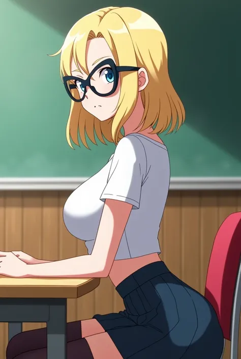 screenshot of my hero academia, side profile, light blonde hair, bright blue eyes, (((oversized cat-eye glasses))), T-shirt revealing her slim and curvy waist, slim with huge breasts, ((huge sexy breasts)), sitting at a table in a classroom, skirt, stockin...