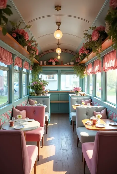 Create me photos of an interior of a 2nd floor English bus converted into a tea room with duck blue and old pink with flowers as the color 