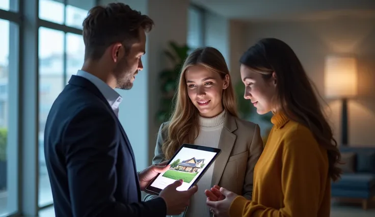 A real estate agent demonstrating a virtual property tour to a young couple on a tablet, highlighting how technology is transforming the home-buying experience.

