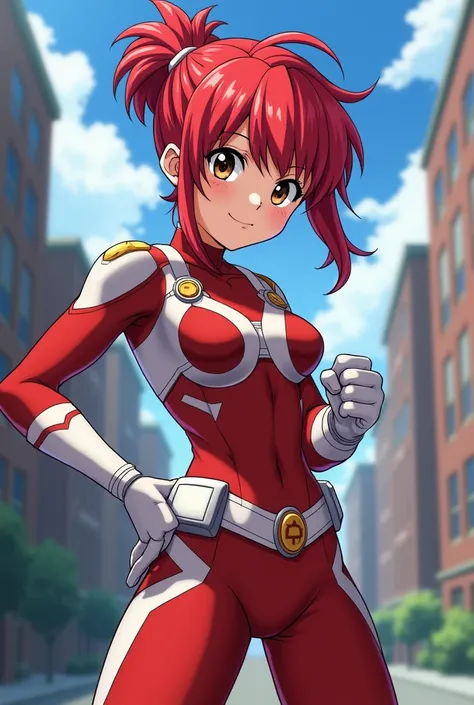 My Hero Academia Style , Anime girl, female, young female ,Full Body Shot,(fighting stance:1.3),Long hair, Red Hair,  Brown Eyes,Hero Suit, Full Body Suit, red suit with white details, perfect anatomy,  Toughened Abs,super detailed,(Buildings:1.2）