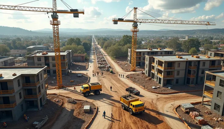 A construction site for affordable housing in a suburban area, featuring cranes, workers, and a banner reading “Building for the Future” to symbolize efforts to address the housing shortage.

