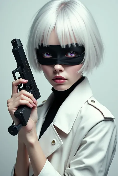 The hairstyle is a small picture of a cool girl with a bob, white hair, and a black cloth blindfold, big purple eyes,  holding a gun,  white trench coat 