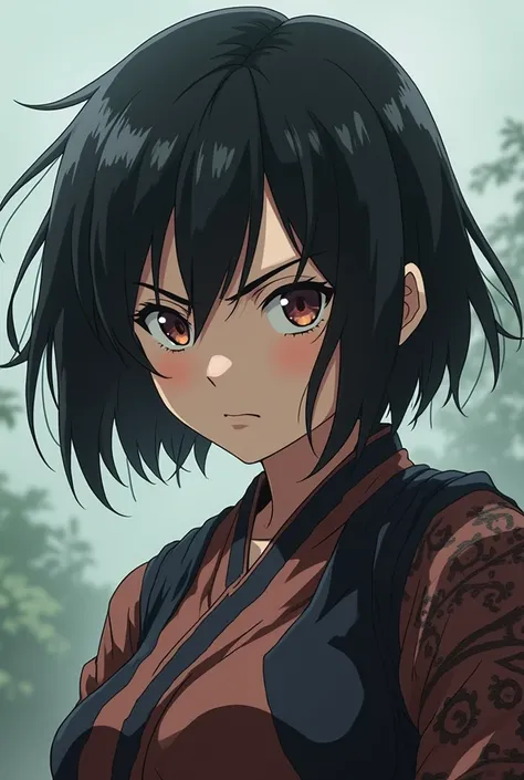 anime, human girl, samurai, short hair, is angry, relaxed posture 