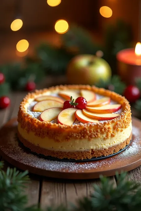  Apple cheesecake with cracker crust on top, In a Christmas inn  