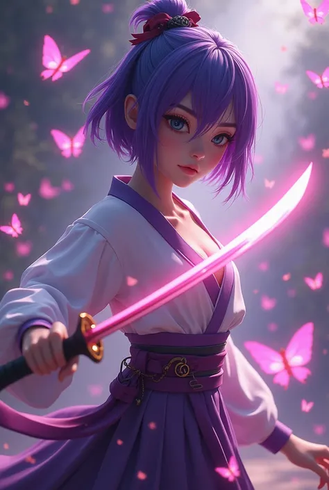 A small, graceful woman with short purple hair, her katana glowing with poison as she unleashes Insect Breathing techniques. Swarms of ethereal butterflies fill the air, each one carrying deadly poison as she moves with swift, fluid precision.
full-body sh...