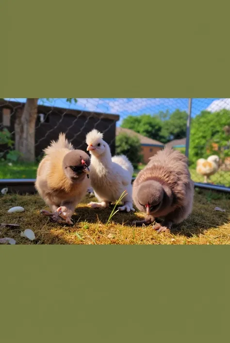  I would like the photo as a drawing for a rens book Utilize.  The chickens should be drawn in a cozy and -friendly way .  Soft drawing , True to color ,  i.e. a black ,  white and a brown silk grouse .  The chickens should sit on a beautiful egg in front ...