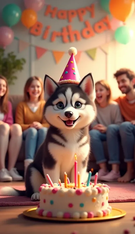 cute Siberian Husky puppy wearing a party hat sitting on the floor in front of a decorated birthday cake on a gold platter. He is facing the image. A group of people sitting on a couch smiling and excited. The background features a festive living room with...