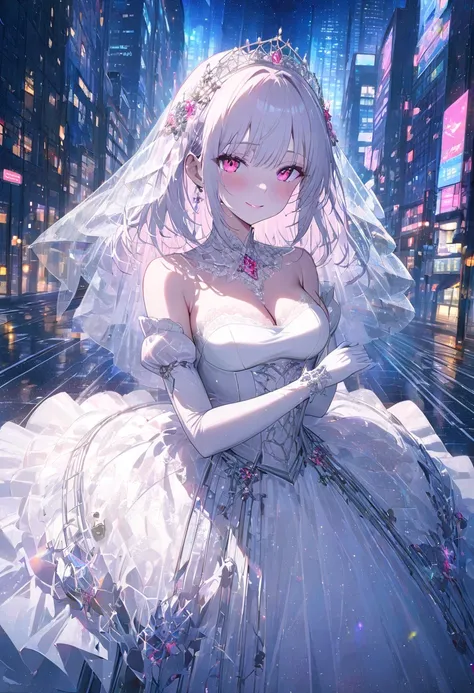 anime girl, solo focus, blushing, pink eyes , smiling, white hair, hair ornament, detailed jeweled tiara, bridal veil, skin dentation, pale skin, slim, breasts cleavage, long white gloves, pure white ballgown, white laced corset, crinoline, masterpiece, (b...