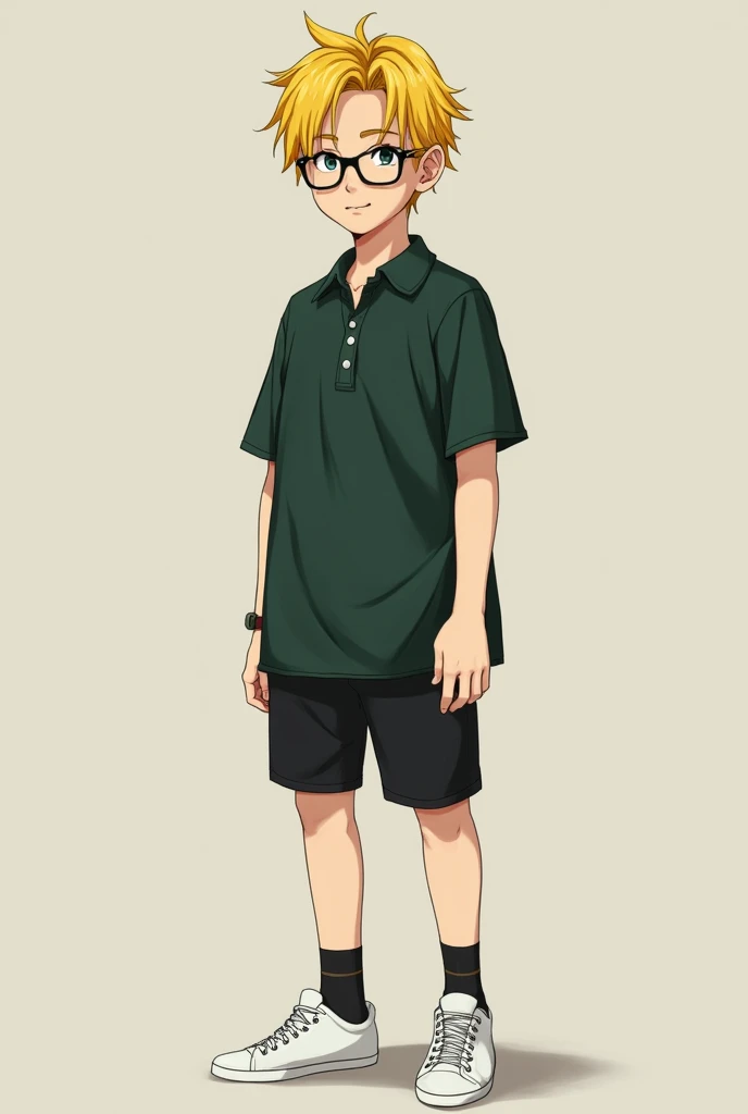  yellow hair glasses black shorts white shoes and dark green shirt