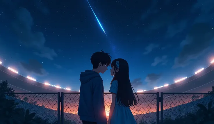 Under the Stars, a boy and a girl , Lean on the fence overlooking the stadium。  The background is a starry sky，The two face the camera ,  and neither of them are showing their faces 。  The sky is dotted with countless stars , A shooting star streaks across...