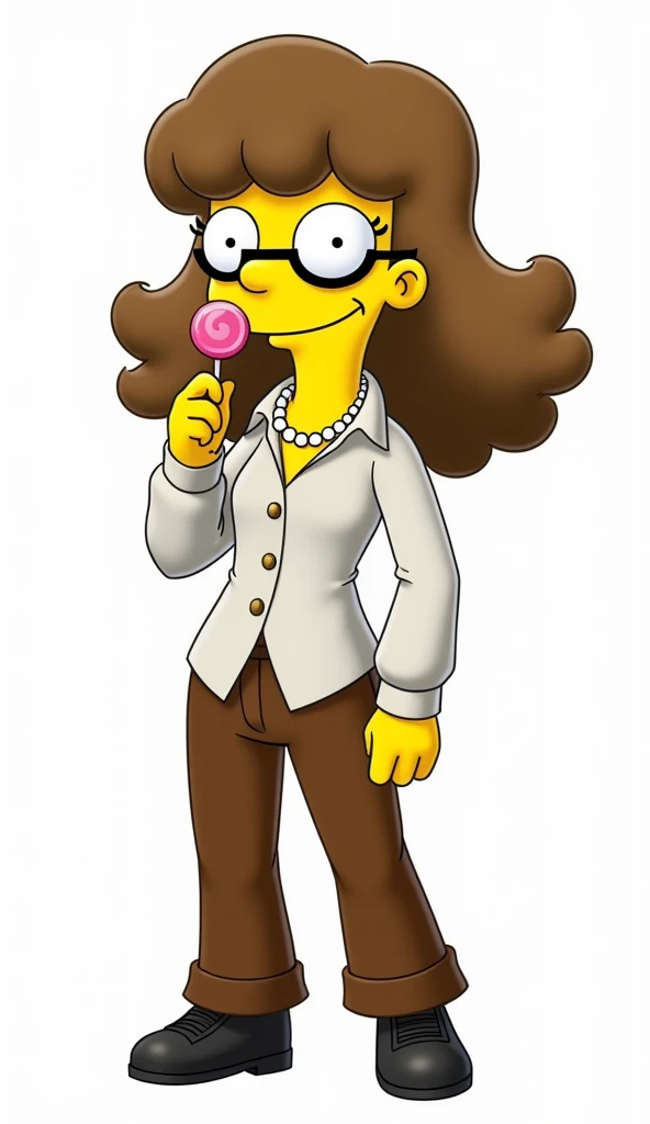 image with traces of the fortnite game, a cartoon of s woman, arnie pye female version, medium hair, curly hair, light brown hair, long bangs, white button down shirt, long sleeves, pearl necklace, brown pants, black shoes, glasses, eyelashes, chubby cheek...