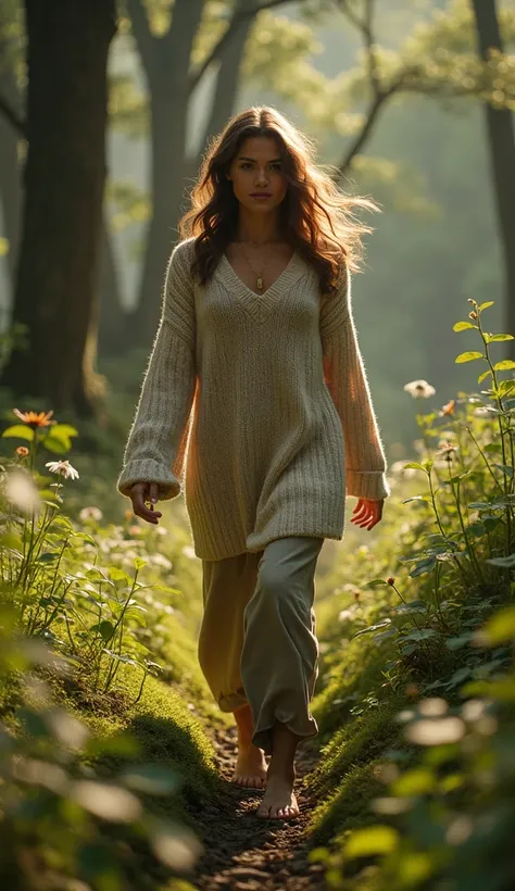 A 35-year-old woman with wavy hair, wearing a soft knit sweater, enjoying a walk in the forest.