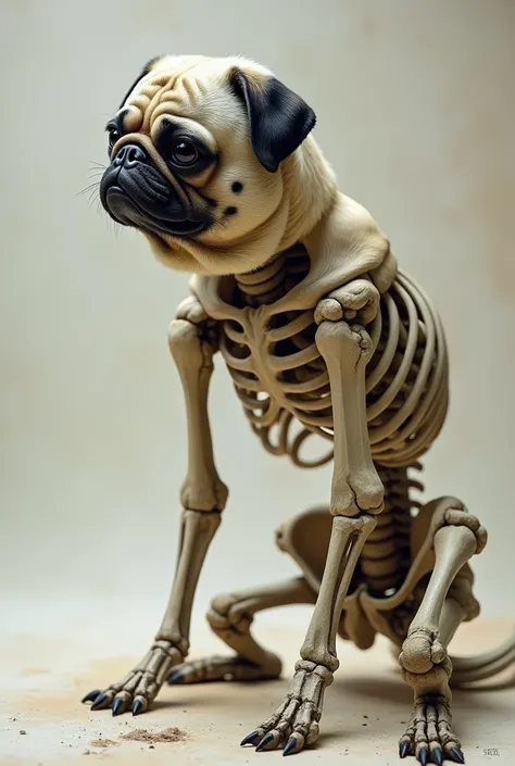 Pug　monster　Skeleton like a person inside 　 with 50m knees on the ground　Mascot　Special Effects　 best quality,  high detail, 