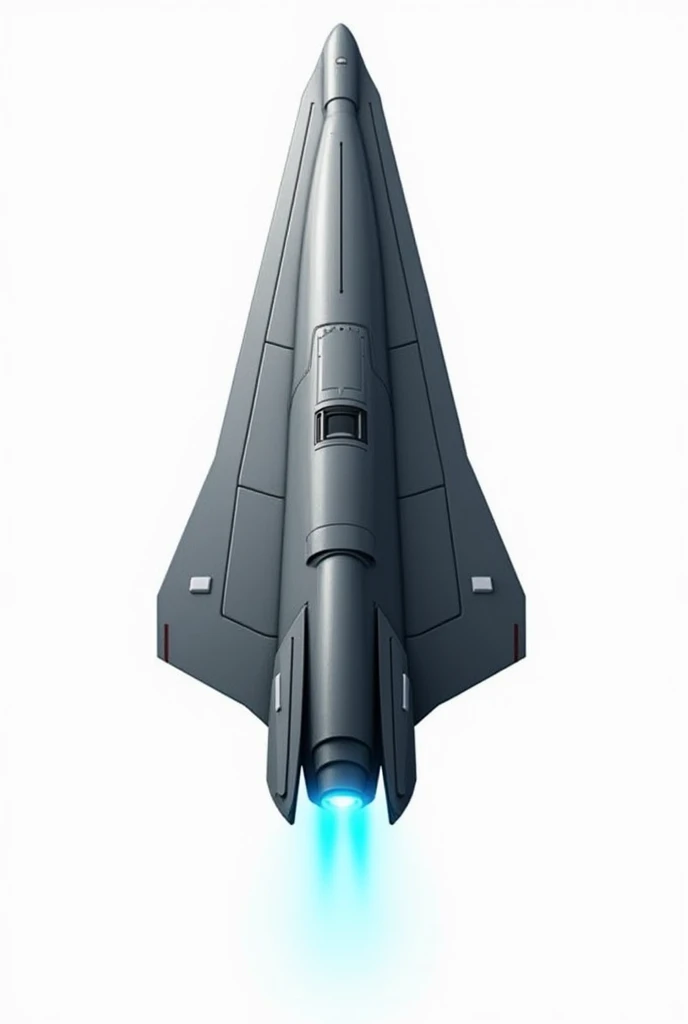 A medium-sized spaceship viewed from above, with an elongated hull and a single propulsion engine glowing blue at the rear. The ship features a small cockpit at the front and rectangular windows spaced evenly along the sides of the hull, adding a sense of ...