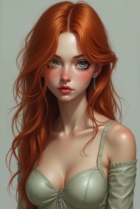 girl with long wavy red hair, heterochromia ocular,   small nose ,  shy facial expression , rat face , a little ugly, big teeth,  similar to Molly Bair ,  Realistic style, desnuda,  small tits , flat to the waist