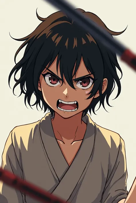 anime, human girl, samurai, short hair, The face is angry, gnashing of teeth , relaxed posture 