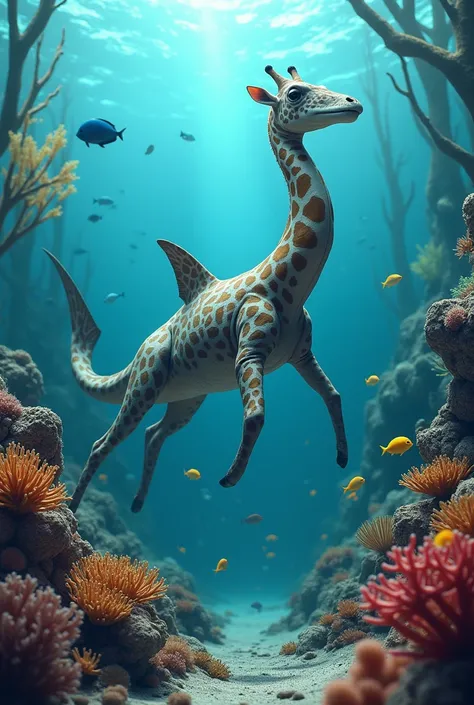 A shark with a giraffes elongated neck and patterned skin, swimming through a coral reef with grace
