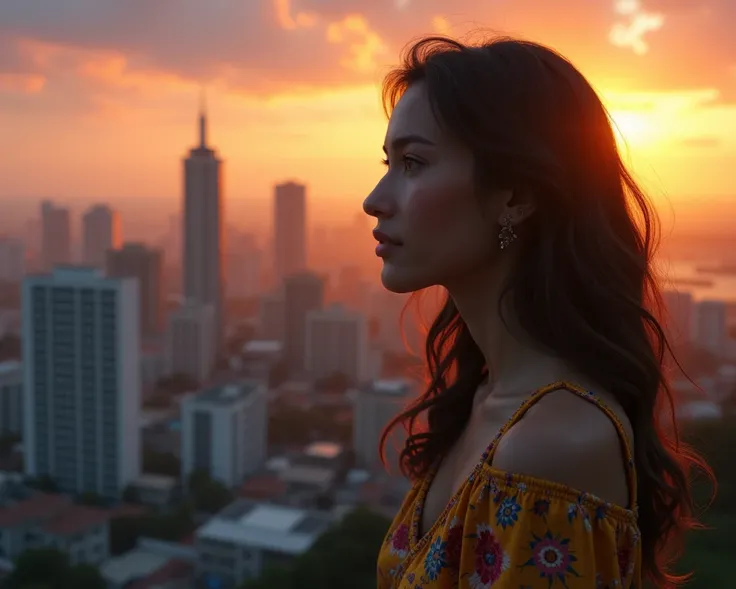  I need you to create a realistic photo in the foreground (i.e.,  from waist up)  of a woman looking at infinity , At dusk with an orange sky ,  and her background will be a Brazilian city . 