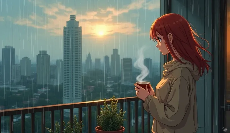 An anime-style scene of a woman standing on a cozy balcony on a rainy morning, holding a steaming cup of tea in both hands. She is dressed in a warm sweater, with her red hair gently swaying in the breeze. The balcony is adorned with potted plants, and rai...