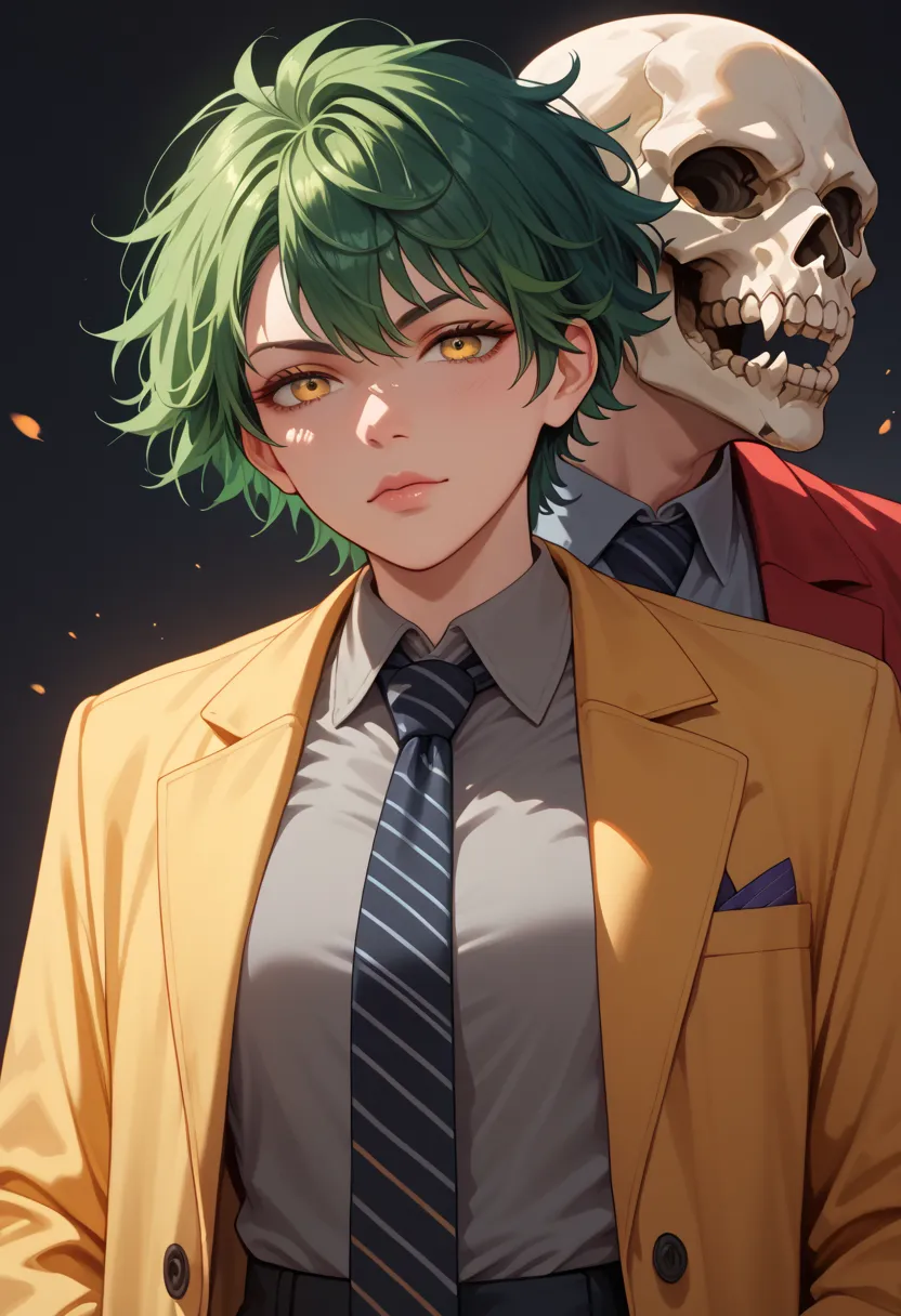 green hair,  painted skull face, grey shirt and tie, yellow blazer, red coat and pant