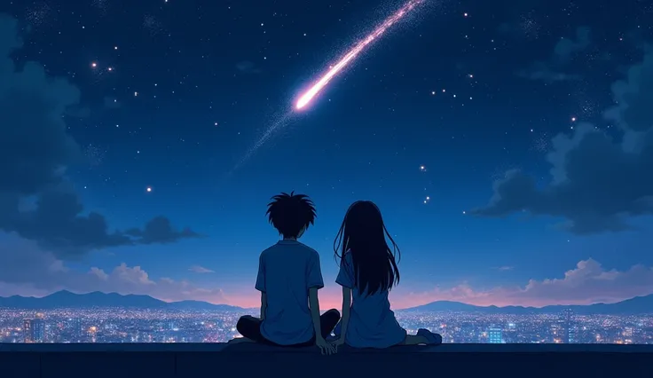 Under the Stars, a boy and a girl , Sitting on the roof , Watch the city lights 。  The background is a starry sky，The two face the camera ,  and neither of them are showing their faces 。  The sky is dotted with countless stars , A shooting star streaks acr...