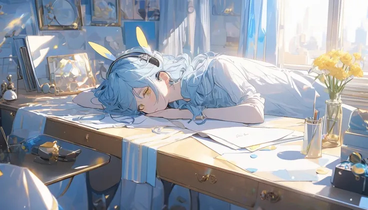 One girl lying face down at her desk ,  light blue hair , Yellow Eyes, Bunny ears,  room with fluttering curtains when the sun shines,  One Clear Vase , Sad Face ,  headphones