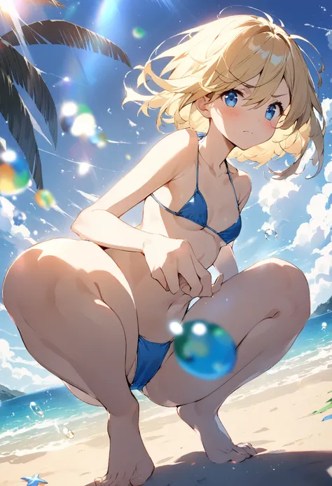 nsfw,  topless, (blonde bob hair blue eyes ),  ( one girl who is at ease:1.3), ( Youre Sexy :1.1), short hair,(メタリックレッドbikini, bikini:1.5),background ( beach :1.3), (Squat pose in the center of the screen:1.1), Outdoor, The wind destroys the sunlight,  Ama...