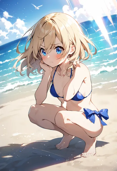 nsfw,  topless, (blonde bob hair blue eyes ),  ( one girl who is at ease:1.3), ( Youre Sexy :1.1), short hair,(メタリックレッドbikini, bikini:1.5),background ( beach :1.3), (Squat pose in the center of the screen:1.1), Outdoor, The wind destroys the sunlight,  Ama...