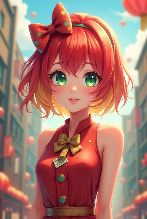 1girl, fumihausu, green eyes, hair bow, red hair, blonde hair, multicolored hair, short hair, hairband, hair ornament, GOOD LUCK , MONEY , WEALTH, sleeveless, dress, short skirt, bow, (city:1.3), (smile:1.1), looking at viewer