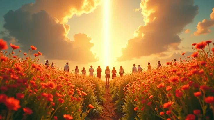 A serene field filled with vibrant flowers, where people are gathered in harmony, gazing at a celestial light descending from the heavens. The vivid colors and warm golden tones convey peace and eternal joy.