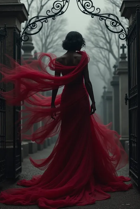 A black woman dressed in wine-red fabrics wrapped in a whirlpool of air at the door of a cemetery