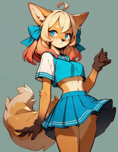 score_9, score_8_up, score_7_up, score_6_up, score_5_up, score_4_up, アニメ, Anthropomorphic character, with brown and white fur, Fluffy tail, cropped top with short sleeves, overskirt, blue colored eyes