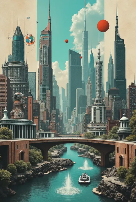 A Chrono-Space Collage featuring futuristic cities, blending different eras and dimensions with clock motifs and spatial distortions, unified by the tones of silver and teal. --ar 3:2 --style raw 