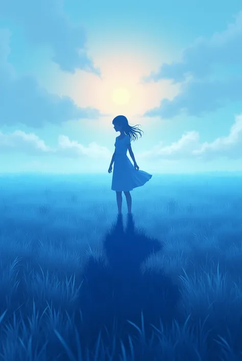 A girls shadow on a blue grass field with a blue sunset