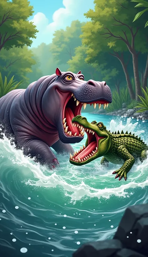 Hippo and crocodile are fighting, cartoonish, in the river, dangerous fight