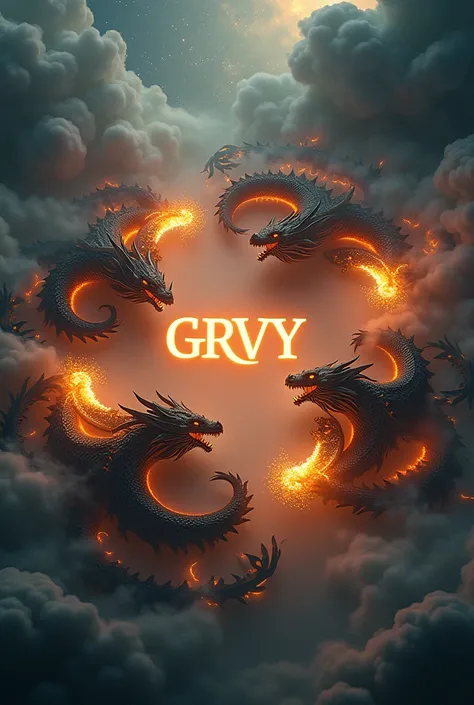 לא Create for me a picture of a with dragons in the shape of a circle with the colors orange and black and it will be written GRVY